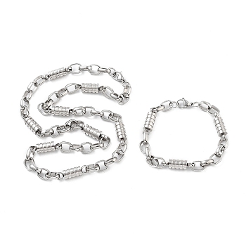 Anti-Tarnish 201 Stainless Steel Column Link Chain Necklace & Bracelets Set, 304 Stainless Steel Clasp Jewelry Set for Men Women, Stainless Steel Color, 24.02 inch(610mm), 8.86 inch(225mm)