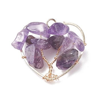 Natural Amethyst Pendants, with Copper Findings and Brass Findings, Heart & Tree, 25.5x27x8mm, Hole: 2.6mm