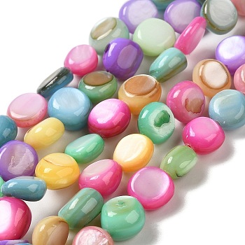 Natural Freshwater Shell Beads Strands, Dyed, Flat Round, Colorful, 7~8.5x7~7.5x3~5.5mm, Hole: 0.5mm, about 49~50pcs/strand, 14.96''~15.04''(38~38.2cm)