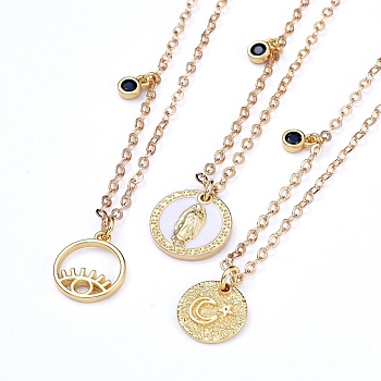 Pendant Necklaces, with Flat Round Brass Pendant, Cubic Zirconia Charms, Shell and Lobster Claw Clasps, Golden, 15.9~16 inch(40.5~40.7cm), 3pcs/set