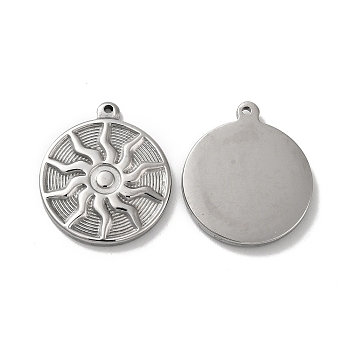 304 Stainless Steel Pendants, Flat Round with Sun Charm, Stainless Steel Color, 29x25x3mm, Hole: 1.5mm