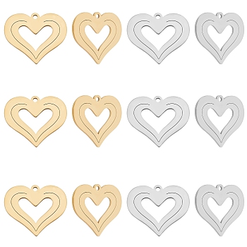 Unicraftale 12Pcs 2 Colors Ion Plating(IP) 201 Stainless Steel Pendants, Cut, Heart, Golden & Stainless Steel Color, 17.5x20.5x1mm, Hole: 1.4mm, 6pcs/color