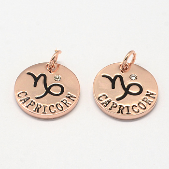 Alloy Pendants, with Rhinestone, Flat Round, with Constellation/Zodiac Sign, Rose Gold, Capricorn, 22x2.5mm, Hole: 5.5mm