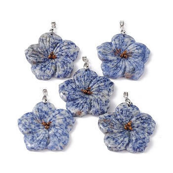Natural Blue Spot Jasper Big Pendants, Peach Blossom Charms, with Platinum Plated Alloy Snap on Bails, 57x48x9mm, Hole: 6x4mm