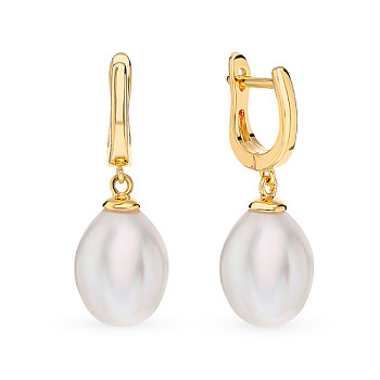 925 Sterling Silver Dangle Hoop Earrings for Women, with Teardrop Plastic Imitation Pearl, White, 35x10mm