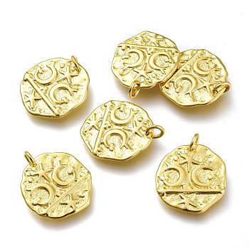 Brass Pendants, with Jump Rings, Hammered, Long-Lasting Plated, Flat Round with Moon, Golden, 18.5x17.5x1.7mm, Hole: 3mm