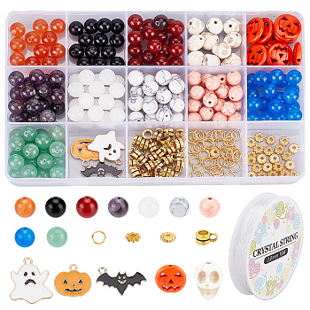 DIY Halloween Gemstone Bracelet Necklace Making Kit, Including Round & Lantern Jack & Skull Stone Beads, Pumpkin Jack & Ghost & Bat Alloy Pendants, Mixed Color, Genstone Beads: 180pcs/set