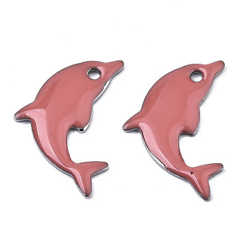 201 Stainless Steel Enamel Pendants, Dolphin, Stainless Steel Color, Indian Red, 17x11.5x1.5mm, Hole: 1.2mm