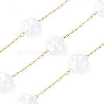 304 Stainless Steel & ABS Plastic Pearl Flat Round Bead Cable Chains, Ion Plating(IP), Soldered, with Spool, Golden, 8x3.5mm(CHS-G048-03G)