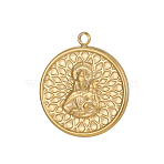 304 Stainless Steel Pendants, Flat Round with Virgin Mary Charms, Ion Plating(IP), Real 14K Gold Plated, 22x20mm, Hole: 2mm(STAS-OY010-34G)