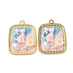 Alloy Enamel Pendants, with ABS Imitation Pearl and Resin, Rectangle with Flower and Cat Shape Charms, Rack Plating, Light Gold, Pink, 30x22x4.5mm, Hole: 1.8mm(ENAM-B028-16KCG)