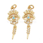 Brass Micro Pave Cubic Zirconia Pendants, Evil Eye Charms, Lead Free & Cadmium Free, Rack Plating, Long-Lasting Plated, Real 18K Gold Plated, 22.5x8.5x2mm, Jump Ring: 4x0.8mm, Inner Diameter: 2.5mm(KK-A291-27B-G)