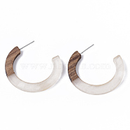 Resin & Walnut Wood Stud Earring Findings, Half Hoop Earrings, Imitation Gemstone, with 304 Stainless Steel Pin, Clear, 35x35x4mm, Pin: 0.7mm(X-RESI-R425-01-A03)