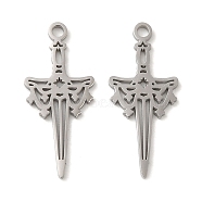 304 Stainless Steel Pendants, Laser Cut, Sword Charm, Stainless Steel Color, 23x10x1mm, Hole: 1.6mm(STAS-J042-31P)