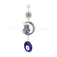 Handmade Lampwork Evil Eye Pendant Decorations, with Resin Rhinestone, Iron Chain, Iron Ring & Alloy Finding, Owl & Moon, Antique Silver & Platinum, 255mm, Hole: 13.5x10mm(HJEW-C001-05)