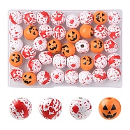 40Pcs 4 Colors Halloween Theme Printed Natural Wooden Beads, Round with Bloody Hand & Blood & Pumpkin Pattern, Mixed Color, 16x14.5mm, Hole: 3.5mm, 10pcs/color(WOOD-FS0001-03)