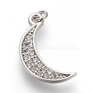 Brass Micro Pave Cubic Zirconia Charms, Lead Free & Cadmium Free, Moon, Platinum, 14x8x1.5mm, Hole: 3mm(ZIRC-E152-27P-RS)