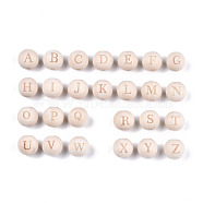 Unfinished Natural Wood European Beads, Large Hole Beads, Laser Engraved Pattern, Round with Word, Random Mixed Letters, 15~16x14~15mm, Hole: 4mm(WOOD-S045-143A-01)