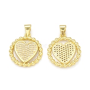 Rack Plating Brass Micro Pave Cubic Zirconia Pendants, Cadmium Free & Lead Free, Long-Lasting Plated, Real 18K Gold Plated, Flat Round with Heart Charm, Clear, 20x17.5x2.5mm, Hole: 3.5x4mm(KK-C011-66G)