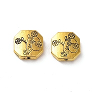 Tibetan Style Alloy Beads, Cadmium Free & Lead Free, Hexagon with Flower, Antique Golden, 11x11x3.5mm, Hole: 1.4mm(FIND-Q094-32AG)