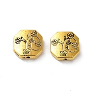 Tibetan Style Alloy Beads, Cadmium Free & Lead Free, Hexagon with Flower, Antique Golden, 11x11x3.5mm, Hole: 1.4mm, about 492pcs/1000g(FIND-Q094-32AG)