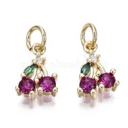 Brass Micro Pave Green & Purple Cubic Zirconia Charms, with Jump Rings, Cadmium Free & Nickel Free & Lead Free, Cherry, Real 16K Gold Plated, 11x7.5x2.5mm, Jump Ring: 5x1mm, 3mm inner diameter(ZIRC-S067-006-NR)