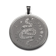 304 Stainless Steel Pendants, Flat Round with Snake & Moon Phase Charm, Electrophoresis Black, 33x30x1.5mm, Hole: 5x3mm(STAS-P321-01EB)