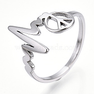 304 Stainless Steel Heart Bit with Peace Sign Adjustable Ring, Wide Band Ring for Women, Stainless Steel Color, US Size 6 1/4(16.7mm)(RJEW-T027-04P)