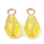 Glass Pendants, with Light Gold Brass Loops, Faceted, Teardrop Charms, Light Khaki, 17~17.5x8x8mm, Hole: 2.2~2.8mm(KK-Q777-21LG)