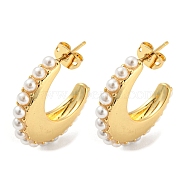Brass Crescent Moon Stud Earrings with Plastic Pearl Beaded, Long-Lasting Plated, Cadmium Free & Lead Free, Real 18K Gold Plated, 25x4.5mm(EJEW-Q785-21G)