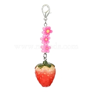 Fruit Resin Pendant Decoration, Zinc Alloy Lobster Claw Clasps and Flower Polymer Clay Beads Charm, Strawberry, 80mm(HJEW-JM01554-03)