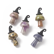 Natural Mixed Gemstone Pendants, Mushroom Charms, with Black Halloween Alloy 3D Magic Hat, 31~33x6mm, Hole: 1.5x2mm(PALLOY-JF01987)