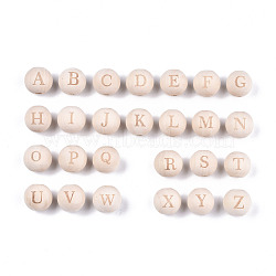 Unfinished Natural Wood European Beads, Large Hole Beads, Laser Engraved Pattern, Round with Word, Random Mixed Letters, 15~16x14~15mm, Hole: 4mm(WOOD-S045-143A-01)