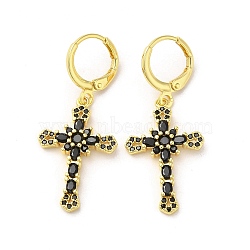 Cross Real 18K Gold Plated Brass Dangle Leverback Earrings, with Cubic Zirconia and Glass, Black, 39x17.5mm(EJEW-L268-036G-02)