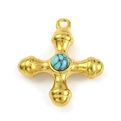 Synthetic Turquoise & 304 Stainless Steel Cross Pendants, Golden, 23x20x6mm, Hole: 1.6mm(STAS-H221-01G-03)