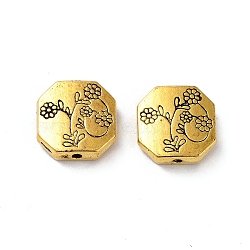 Tibetan Style Alloy Beads, Cadmium Free & Lead Free, Hexagon with Flower, Antique Golden, 11x11x3.5mm, Hole: 1.4mm, about 492pcs/1000g(FIND-Q094-32AG)