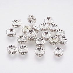 Brass Rhinestone Spacer Beads, Grade A, Rondelle, Silver Color Plated, Size: about 8mm in diameter, 3.5mm thick, hole: 2mm(RB-A003-8MM-S)
