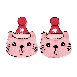 Christmas Themed Acrylic Cabochons, Cat with Christmas Hat, Pink, 31.5x23x2mm(MACR-P021-C07)