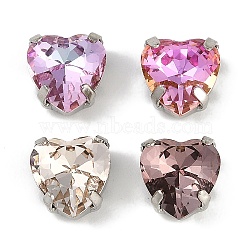 Brass Glass Rhinestone Sew on Rhinestones, Heart, Mixed Color, Platinum, 8x8x6mm, Hole: 1mm(RGLA-B004-03A-P)