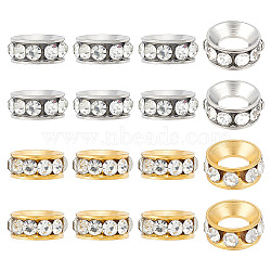 Unicraftale 16Pcs 2 Colors 201 Stainless Steel Crystal Rhinestone Spacer Beads, Donut, Platinum & Golden, 11x4.5mm, Hole: 5.5mm, 8pcs/color(STAS-UN0048-01)