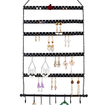 Iron Wall Earring Organizer, Hanging Earring Holder, 6 Layers Design and 12 Hooks, for Earrings, Necklaces and Rings, Rectangle, Electrophoresis Black, 49x26.5x1.2cm