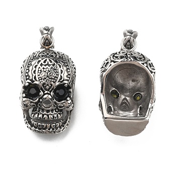 Retro Men's Halloween Jewelry 304 Stainless Steel Big Skull Pendants, with Rhinestones, Antique Silver, 50x23x26mm, Hole: 9x5mm