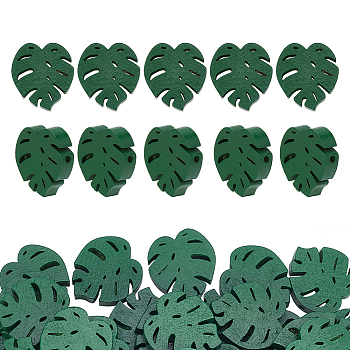 Elite 50Pcs Spray Painted Natural Wood Beads, Leaf, Dark Sea Green, 29.5x28x8mm, Hole: 3mm