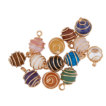 1 set Natural & Synthetic Mixed Gemstone Copper Wire Wrapped Round Charms, Light Gold, Mixed Dyed and Undyed, 12mm, Hole: 2mm, 13pcs/set