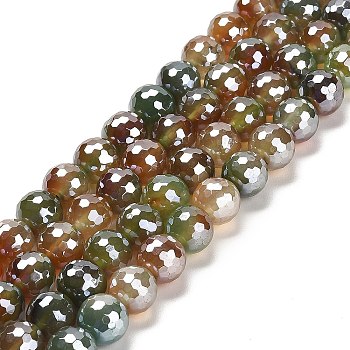 Electroplated Natural Agate Round Beads Strands, Dyed & Heated, Faceted(128 Facets), Olive Drab, 10mm, Hole: 1.4mm, about 38pcs/strand, 14.96 inch(38cm)