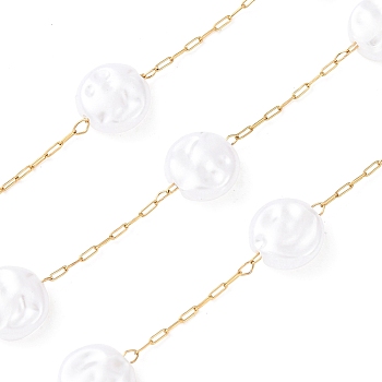 304 Stainless Steel & ABS Plastic Pearl Flat Round Bead Cable Chains, Ion Plating(IP), Soldered, with Spool, Golden, 8x3.5mm