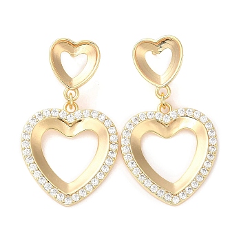 Brass Micro Pave Cubic Zirconia Stud Earring Finding, Heart, Nickel Free, Real 18K Gold Plated, 37x22.5mm, Tray: 10.3x9.6mm and 10.8x13mm Inner Diameter
