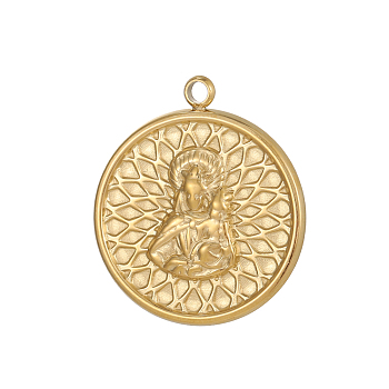 304 Stainless Steel Pendants, Flat Round with Virgin Mary Charms, Ion Plating(IP), Real 14K Gold Plated, 22x20mm, Hole: 2mm