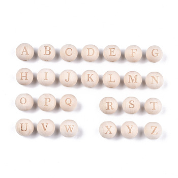 Unfinished Natural Wood European Beads, Large Hole Beads, Laser Engraved Pattern, Round with Word, Random Mixed Letters, 15~16x14~15mm, Hole: 4mm