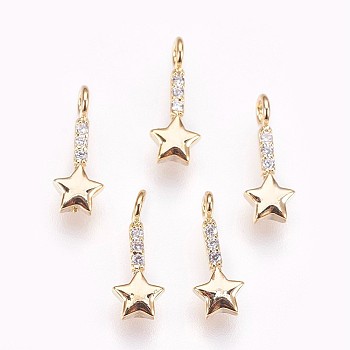 Brass Micro Pave Cubic Zirconia Charms, for DIY Jewelry Making, Nickel Free, Star, Clear, Real 18K Gold Plated, 11.5x4.5x1.5mm, Hole: 1.8mm